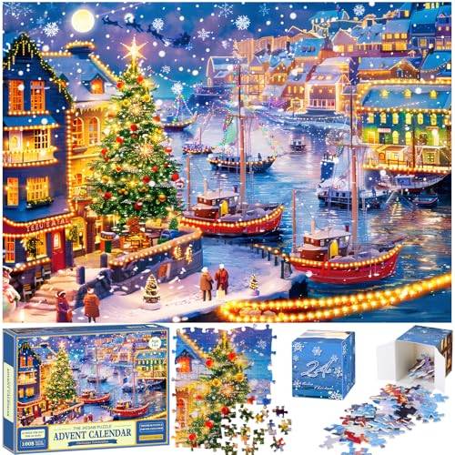 Quanquer Pussel, adventskalender 2025, juljigsaw med 24 dagar, 1008 delar, för vuxna, barn, pojkar, flickor, jul, nedräkningskalender, 70 x 50 cm