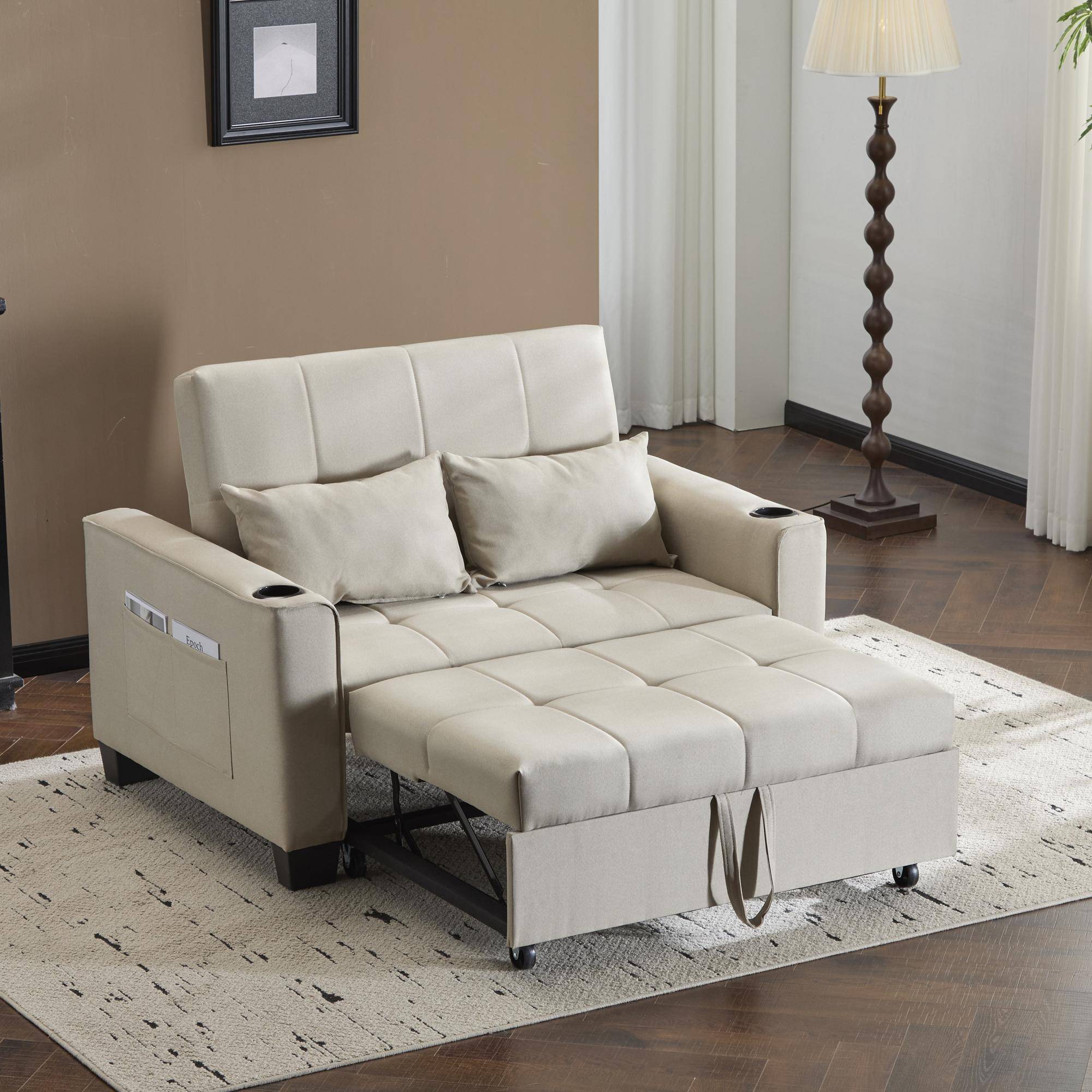 3-In-1 Convertible Pull-Out Sleeper with 3-Position Adjustable Backrest, 2 Seater Sofa Bed for Compact Room, 140L x 96W x 97H cm, Beige Aosom UK