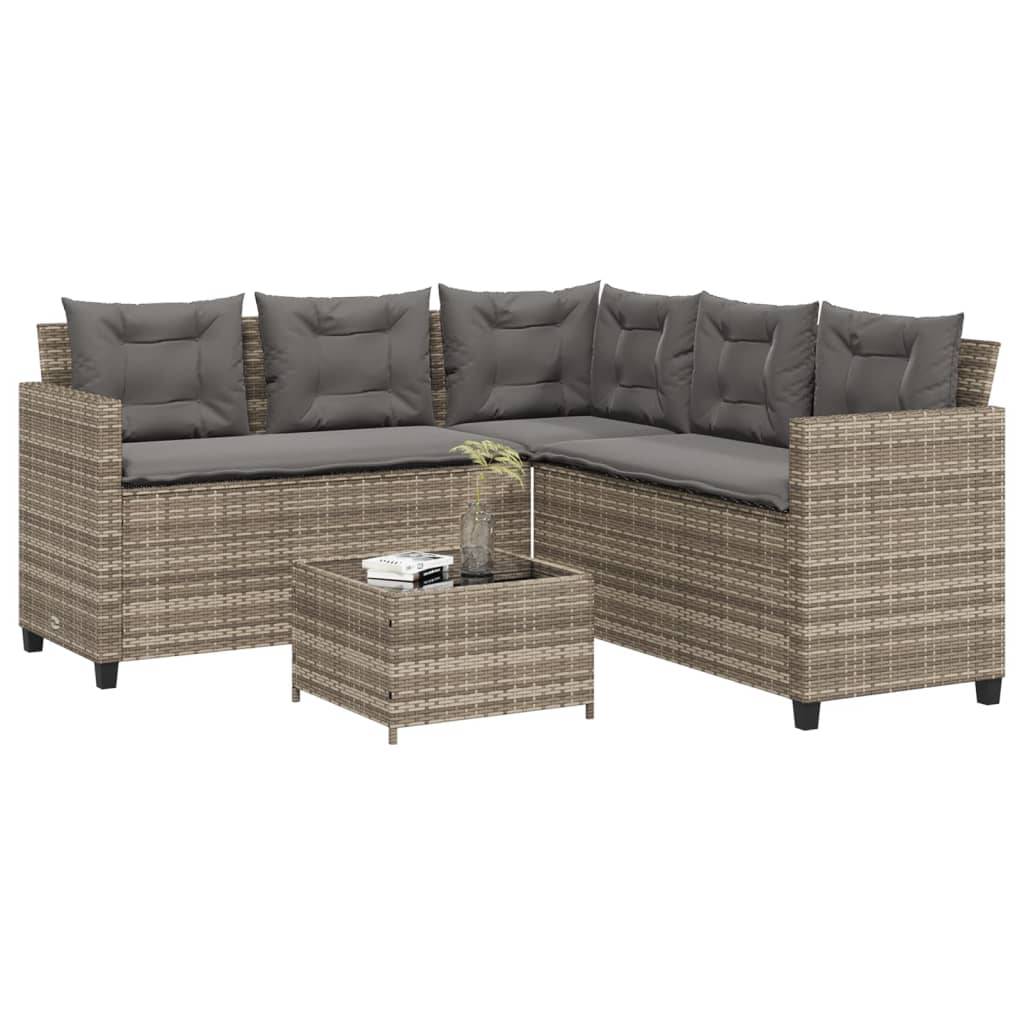 Havesofa Med Bord Og Hynder L-Formet Polyrattan - Grå / Glas
