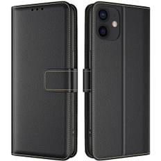 TQIAHF mobilskal för iPhone 12/iPhone 12 Pro skal, vikbart skal, läder, vikbar väska, flip skal, skyddande skal, med kortfack, stötsäkert komplett skydd, fodral, läderskal, mobiltelefon, svart