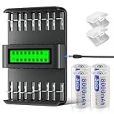 Mspalocell D-batterier med laddare, 4 bitar 1.2V 8800mAh D Mono-batteri, batteriladdare för AA/AAA/C/D uppladdningsbara batterier (Ni-MH/Ni-CD), oberoende/blandad laddning