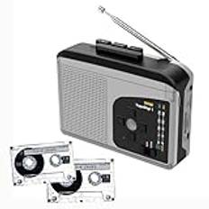 Bärbar inspelare-spelare och inspelare, inbyggd mikrofon och dubbande inspelare, stereo, hög volym, med hörlursuttag, lyssnar på FM/AM-radio,Grey