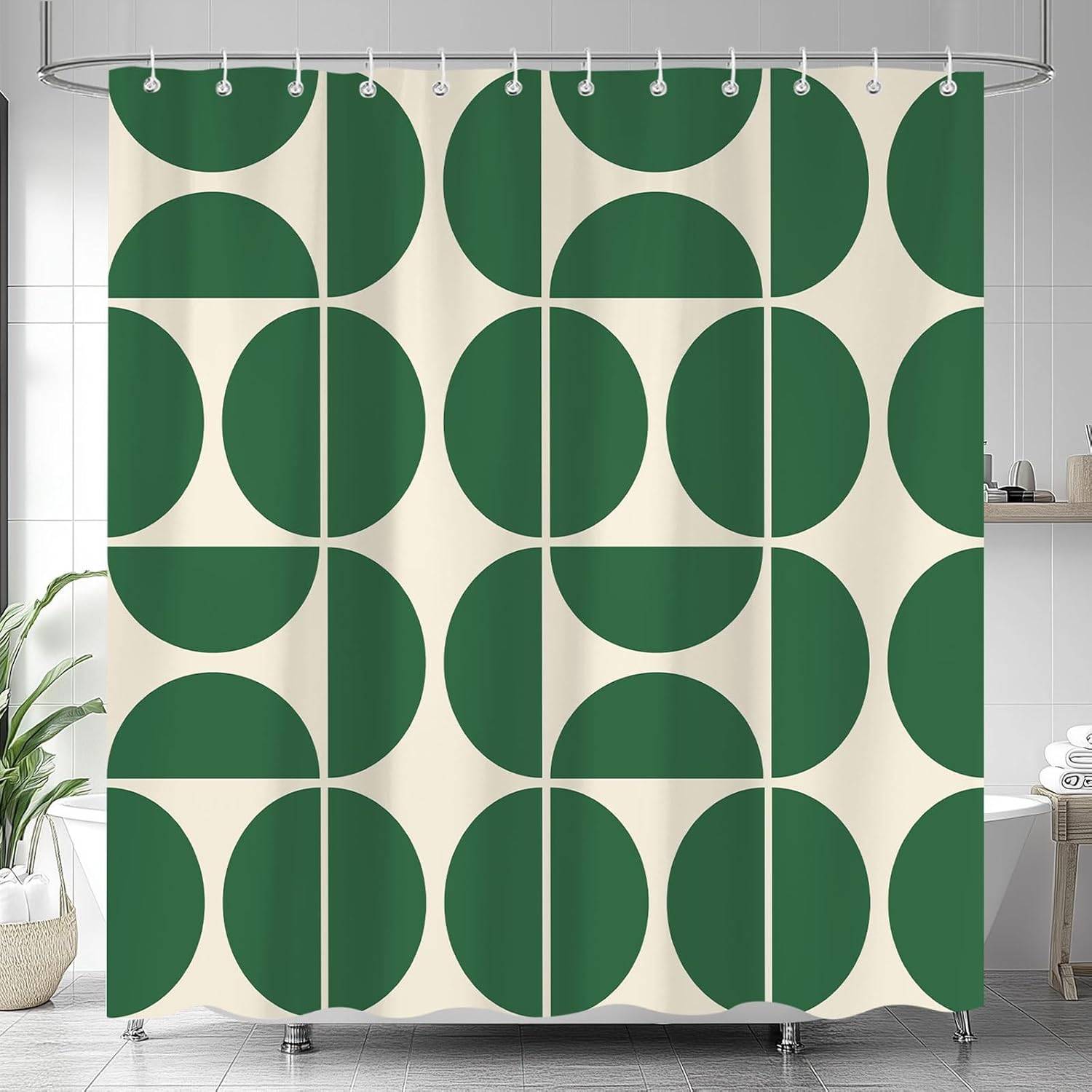 Grön Mid-Century Modern Duschdraperi – Boho Abstrakt Geometriskt Mönster, Retro Konst Badrumsinredning 12St Krok 71X71Tum