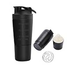 Golgner rostfritt stål proteinshaker, shaker, proteinsport, fitness, 600 ml fitness proteinshaker, BPA-fri med skala, dubbelväggig, med 200 ml kopp, för protein, diet och fitnessshake (svart)