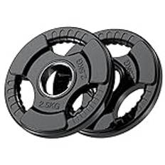PhysKcal olympiska viktplattor, 2 x 2,5 kg med gummifinish, 5 cm öppning och tregrepp, svarta skivstänger skivor i par eller enkla för lyft- och styrketräning, solida gjutjärnsvikter set