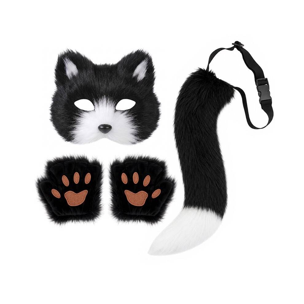Faux Fur Tail Cat Wolf Set Plush Mask Gloves Halloween Christmas Party for Women Black