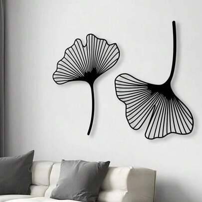 2 st väggdekorationer i metall med ginkgoblad, minimalistisk blommig väggkonst, blommig metalllinjekonst, naturlig dekor, sovrumsväggkonst, heminredni - Svart (A,B)