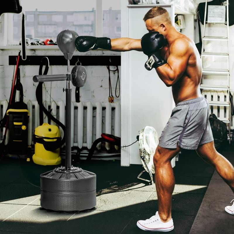 Adjustable Height Punching Bag Stand, 360° Rotating Reflex Bar, Inflatable Speed Ball, Sand or Water Fillable Base with 12 Suction Cups, Includes Boxing Hand Wraps, Black, 80.5 x 48 x 163-205 cm