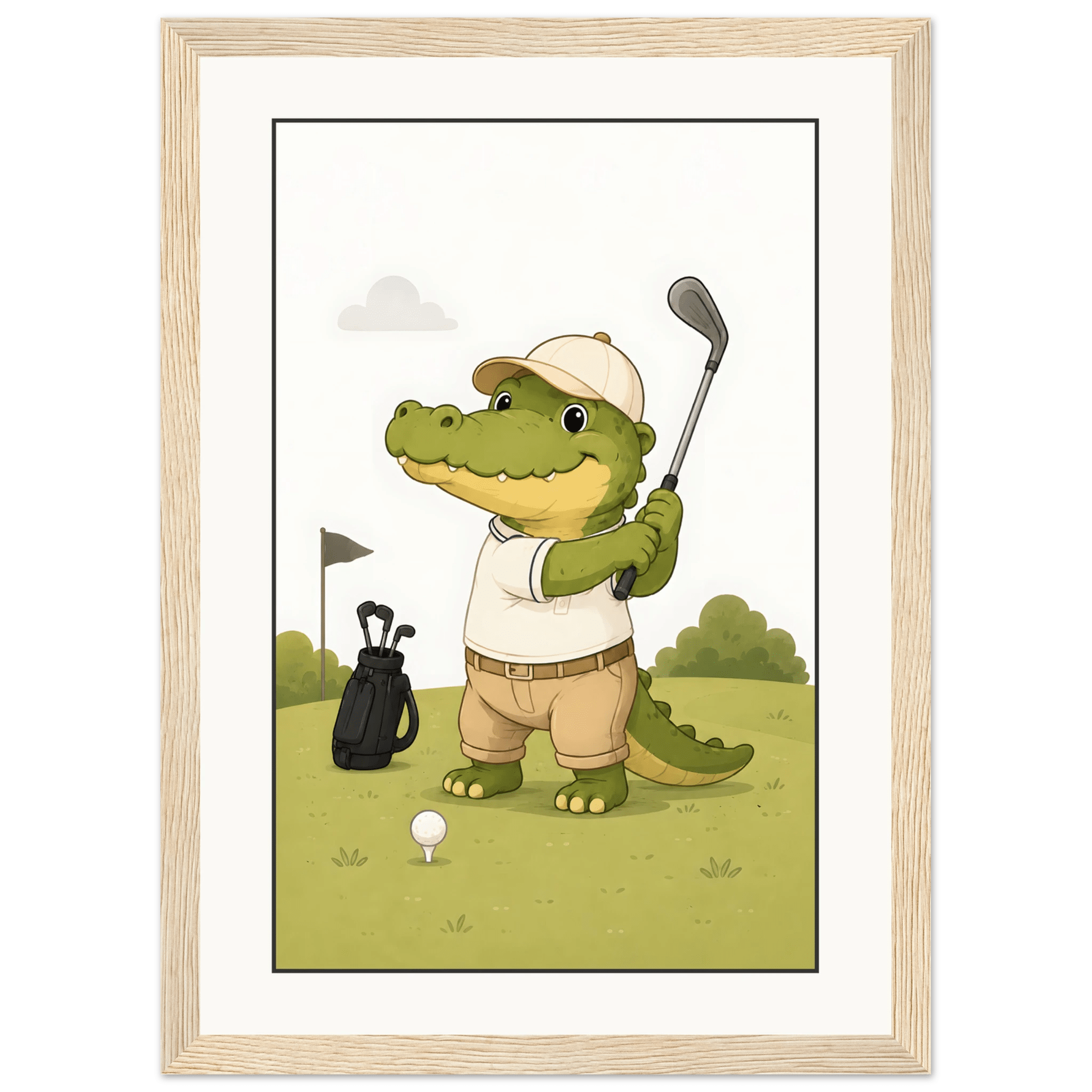 Krokodil spelar golf-21x29.7 cm / 8x12" / Med ram / Ljust trä