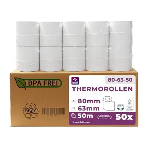 Termiska rullar 80 mm x 50 m x 12 mm – termisk papperspole för kassaregister med biljettskrivare – termisk rulle 80 x 60 x 12 – BPA-fri (50 rullar)