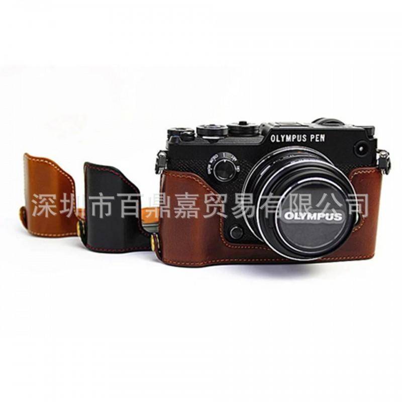 Olympus PEN-F Kamera Halvväska Skydd PU-läder Skyddshylsa Spegellös Svart Brun Kaffe