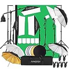 Andoer Studio softbox set 2 x 3 m bakgrundssystem med 40 W 5 500 K fotolampa, tre 50 x 70 cm softboxar, fem fotoskärm, 2 m justerbart ljusstativ, för produktporträttgrafi och videofotografi