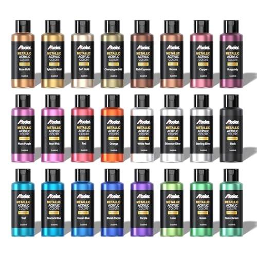 Akrylfärger metalliska, 24 x 60 ml metalliska färger i flaskor, rika på pigment, snabbtorkande, bleknar inte, giftfria, för konstnärer, nybörjare, målning på flera ytor