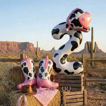 4 st rosa cowboytema-ballonger för festdekoration, 40 tums siffraballonger 0–9 med komönster, folieballonger i form av cowboyhatt och cowboystövlar, f - Multifärgad (7,5,9,2,3,4,6,8,1,0,71 st)