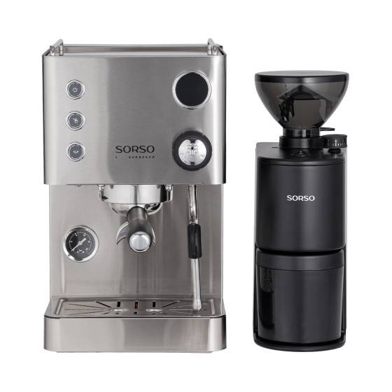 SORSO Espresso Machine - St. Steel + SORSO Peppe Brew & Espresso by Eureka Electric Coffee Grinder - Matt Black
