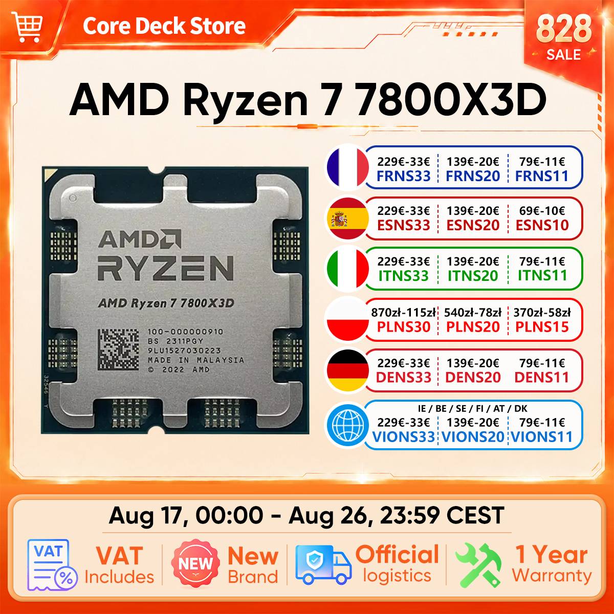 AMD Ryzen processor 7 7800X3D 8 cores 16 thorns R7 7800X3D CPU 4,2 GHz 5 nm 96 Mo 120 zenw DDR5 MHz MHz supply am5cpu game without fan