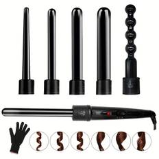 6 In 1 Curling Iron Wand Set With 6 Interchangeable Ceramic Barrels And Heat Protective Glove (Black-6In1) (Black-6) Hot Comb Heated Styling Iron Brush For Hairdressing Gift For Women