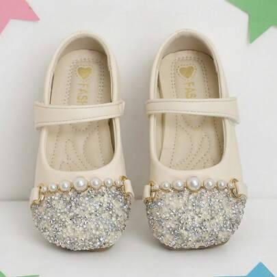 1 par flickors balettskor med strass och pärlor i beige med kardborre, lämpliga för framträdanden, fest och dagligt bruk (EUR34,EUR21,EUR22,EUR23,EUR24,EUR25,EUR26,EUR27,EUR28,EUR29,EUR30,EUR31,EUR32,EUR33)