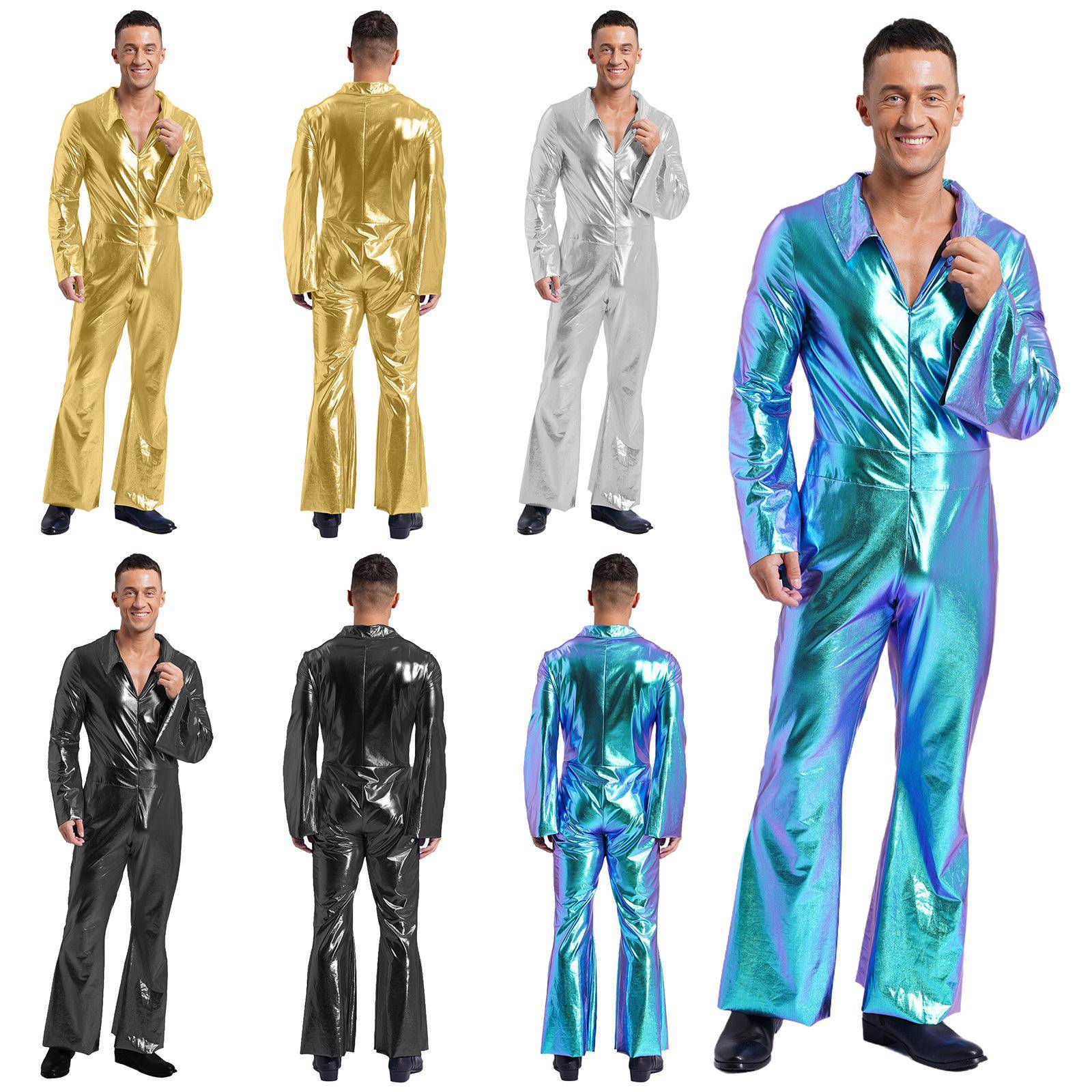 Herr 70-tals 80-tals Hippies Danskostymer Holografisk Jumpsuit för Nattklubb Halloweenfest cm