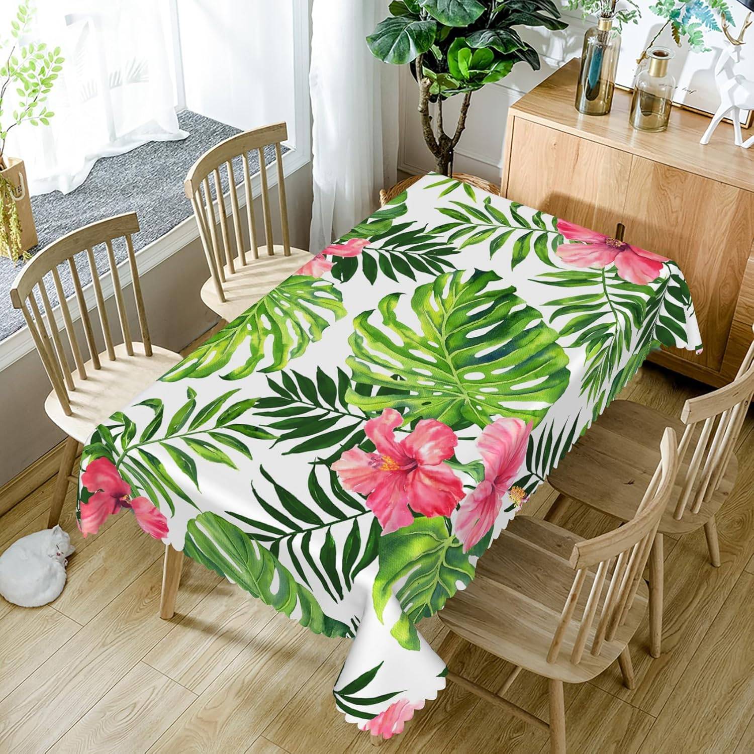 Gröna Palmblad Tropiska Blommor Duk Picknickfest Dekor Sommar Hawaiianska Växter Rektangulär Bordsduk Matsalsbord Dekor