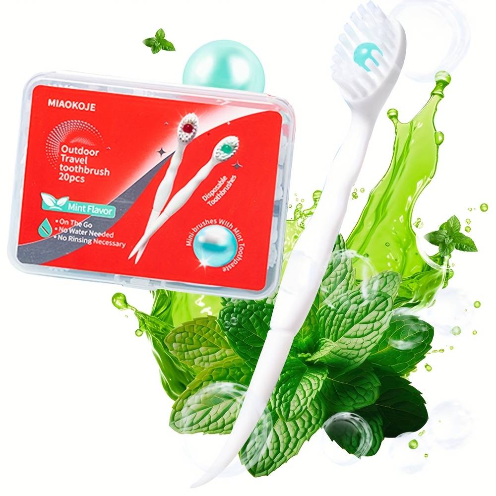TEMU 20pcs Pack Portable Disposable Mini Toothbrush Suitable For Travel, Work & Daily Use - Hypoallergenic Polyester Bristles, Mint Toothbrush With Toothpaste & Pick, Compact Case