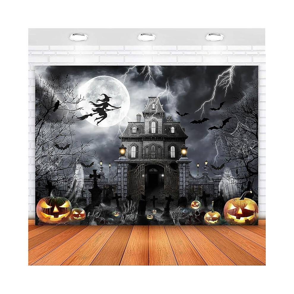 Halloween-baggrund: Uhyggelig grav, kranium, jernport, heks, spøgelse, græskarhoved - gysermånenat til fotostudie, festdekoration