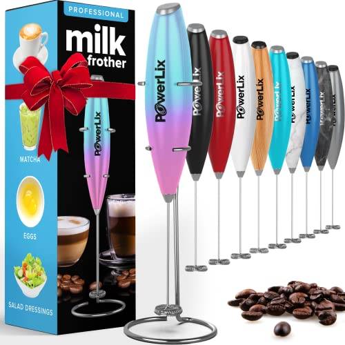 PowerLix Kraftfull handhållen mjölkskummare med stativ batteridriven skumtillverkare skummare för kaffe, latte, cappuccino, varm choklad, minigricka mixer rostfritt stål visp