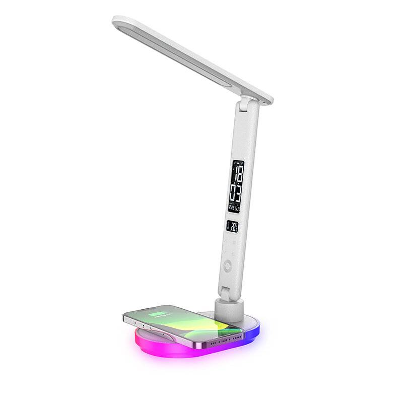 Hopfällbar Multifunktionell LED Skrivbordslampa med Trådlös Laddare Kalender, Temperaturalarmklocka, Trådlös Laddning, L
