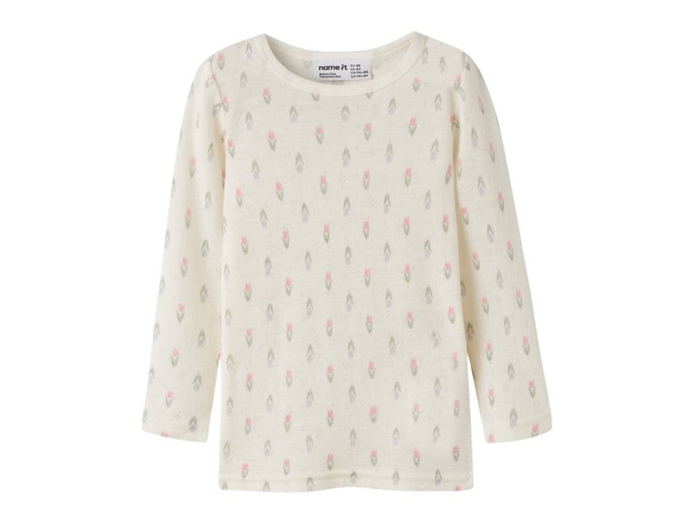 Name It Bluse Coconut Milk Med Blomsterprint Merinould - Str. 5y 110cm