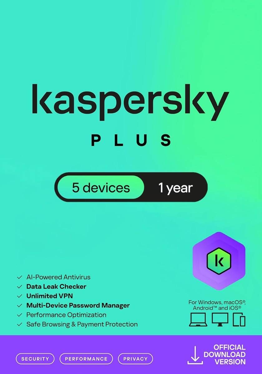 Kaspersky Plus Internet Security 2026 - 5 Enhets - 1 År för PC / Mac / iOS / Android - Nedladdningskod