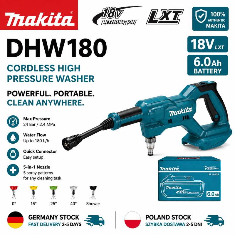 Original Makita DHW180 Portable High Pressure Washer Cordless 18V Power Cleaner Wireless Water Spray Gun for Car Truck SUV Bike Motorcycle Garden Patio Fence Outdoor Cleaning Compatible with Makita