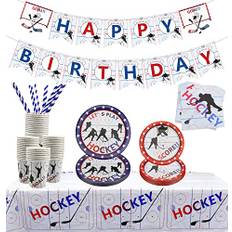 Hockeyfesttillbehör – ishockeytemafestpaket för barn, hockeyfans, födelsedag, speldag – inklusive tallrikar, muggar, servetter, bordsduk, banderoller, för 20 personer (A)
