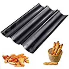 Guanici Baguette-bricka kolstål kaka bakplåt perforerad baguette bakplåt non-stick fransk pinne bakformar panna tre spår franskt bröd panna baguette bricka bakpanna (svart, 38 x 24,5 x 2,4 cm)