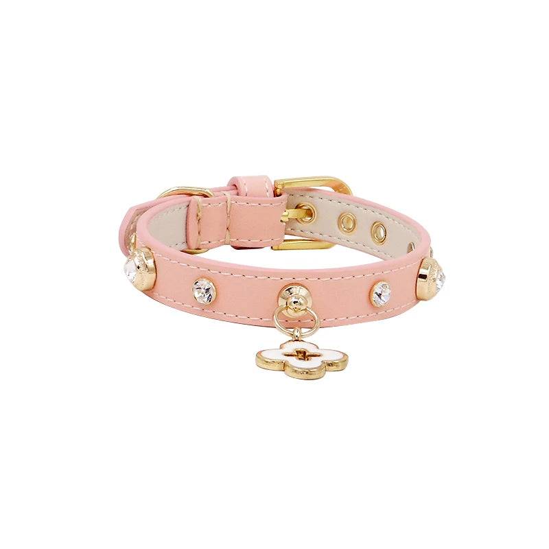 Rhinestone Genuine Leather Dog & Cat Collar - Nude Pink / XXS 1.1x16-21cm (XXS 1.1x16-21cm)