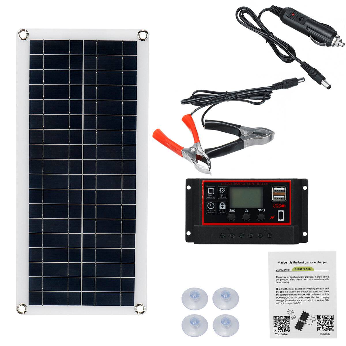 15W Solpanel 12V Batteriladdare 60A / 100A Dubbel USB-Kontroller för RV Resa Bil Camping