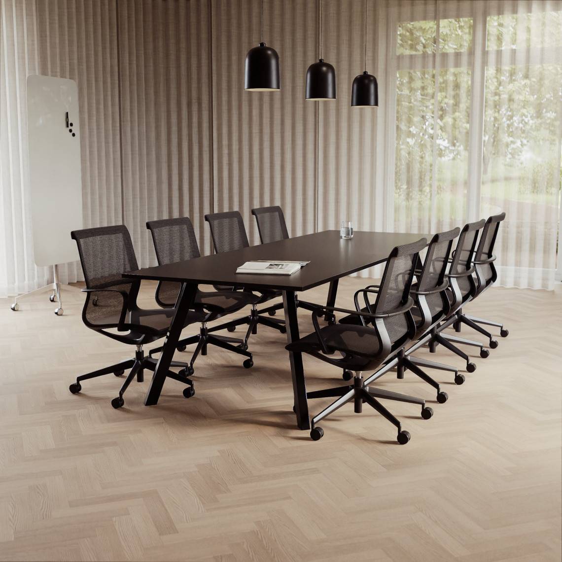 Konferencesæt Viggo + Ergo 285, Størrelse 8 pladser (280 cm), Bordplade Sort, Understel Sort, Stol Sort.
