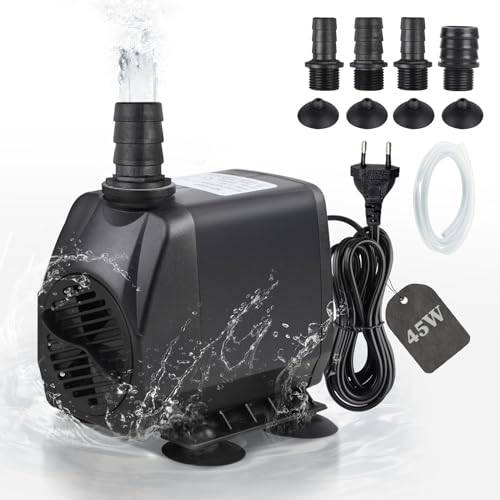 EXLECO Akvariepump, dränkbar pump, transportpump, 2 500 l/h, 45 W, vattenpump, fontänpump, ultratyst fontänpump med 2 m kabel, 4 munstycken, slanganslutningar för akvarium, fontän