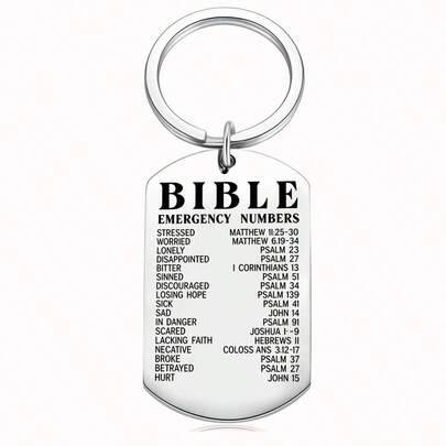 1 st nyckelring i rostfritt stål med graverad bibel, nödkontakt, kristen gåva lämplig för män och kvinnor, bönepåminnelse, inspirerande religiös prese