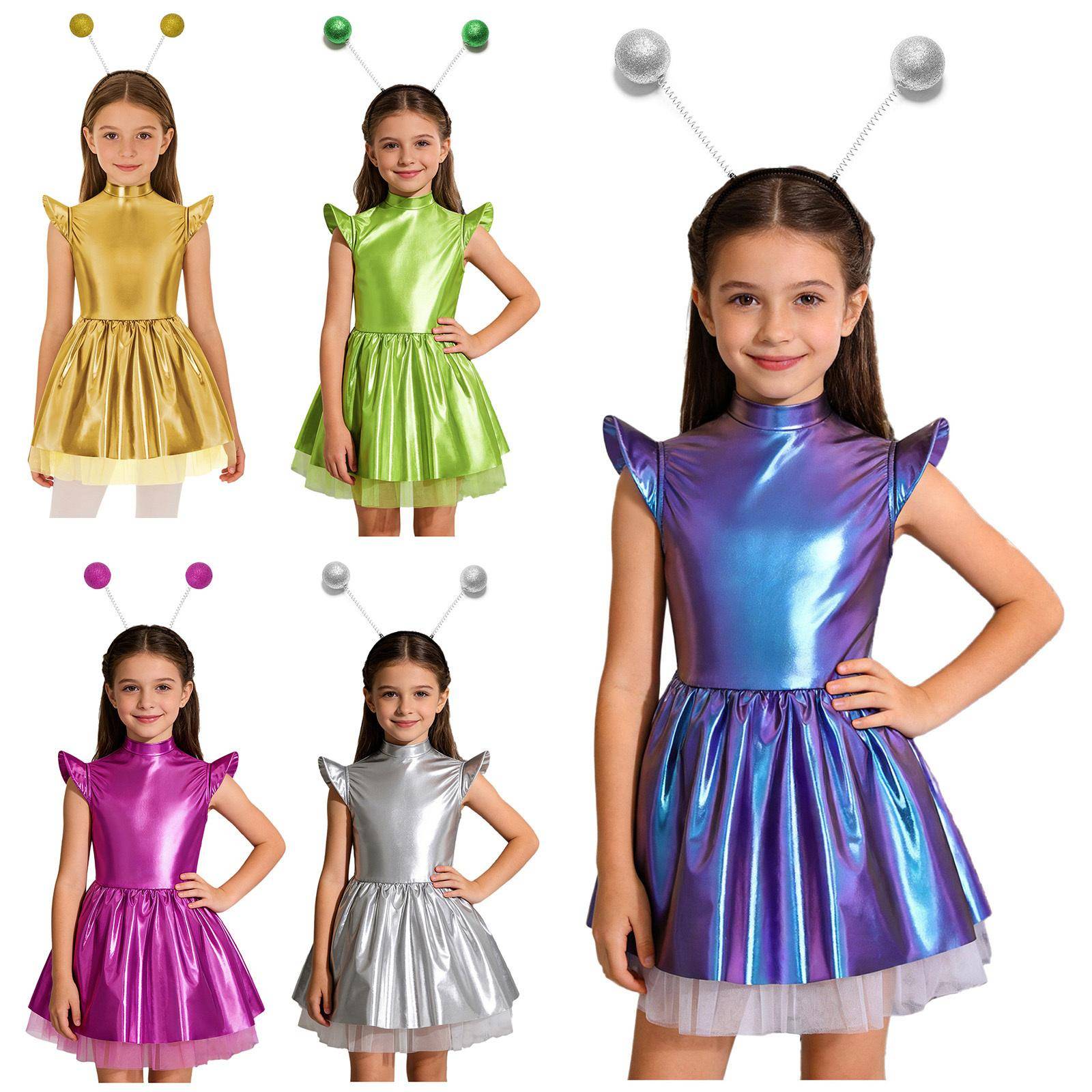 Barnflickor 2-delat utomjording Halloween-kostymset: Iridescent Tutu Klänning med Fladdrande Ärmar, Hårband Ingår för Temafest cm grön