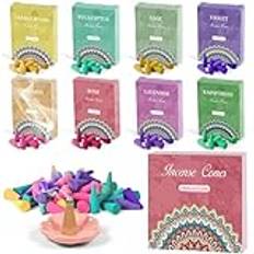 Scent-Hi Rökelsekoner, 8 doftande rökelse med 2 rökelsekonhållare, 8-pack, 120 koner, salvia, lavendel, sandelträ, perfekt för meditation, rening, yoga, avkoppling, kyrka