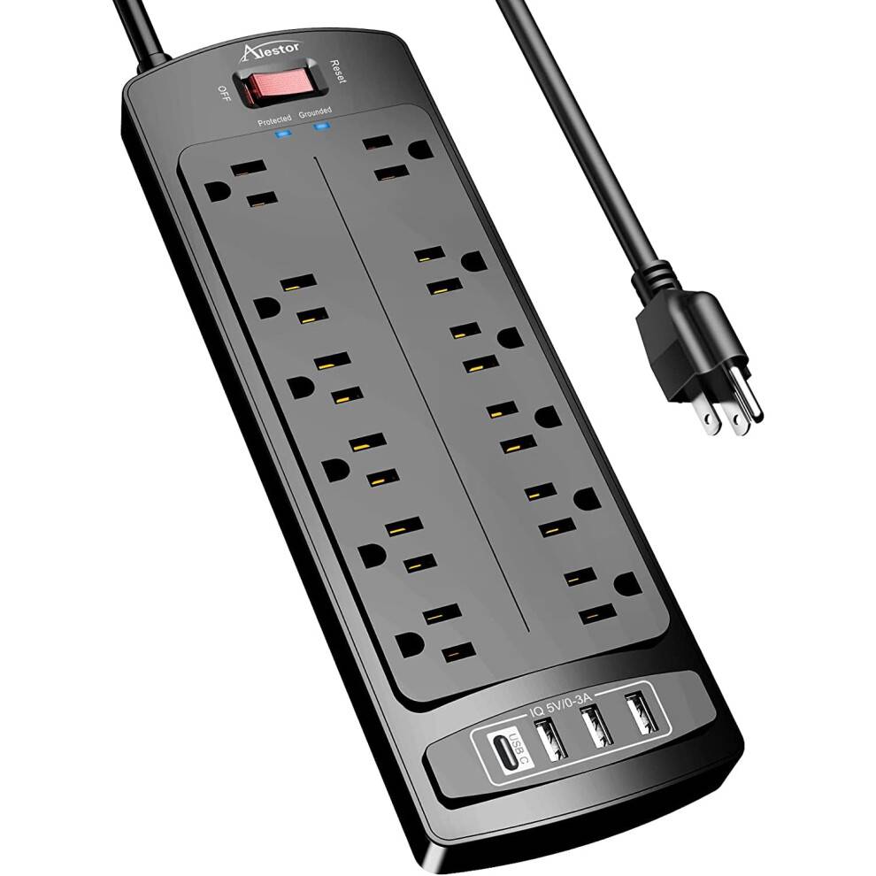 Strømskinne, overspændingsbeskytter med 12 stikkontakter og 4 USB-porte, 1,8 meter forlængerledning (1875 W/15 A), 2700 joule, ETL-godkendt, sort