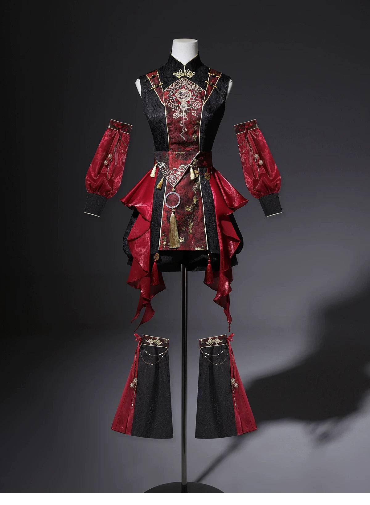 Red & Black Brocade Stage Outfit | 4-Piece Set & Separates - 4-Piece Full Set + Waist Sash / XL (XL)