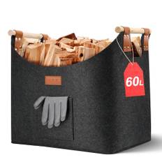 Ezilif Träkorg för kaminved, stor XL, vedkorg med dubbelt förstärkt läder, 60 l vedkorg av filt, filtkorg, ved med framficka, vikbar korg för ved 45 x 32 x 40 cm