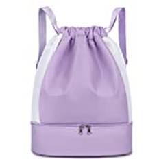 Keyck Gym Bag Drawstring Daypack, Vattentät Ryggsäck Med Skofack och Våtutrymme, Stor Sportväska för Kvinnor Män Tonåringar, Gympapåse Träningsväska för Sportresor Simning Fotboll, Lila