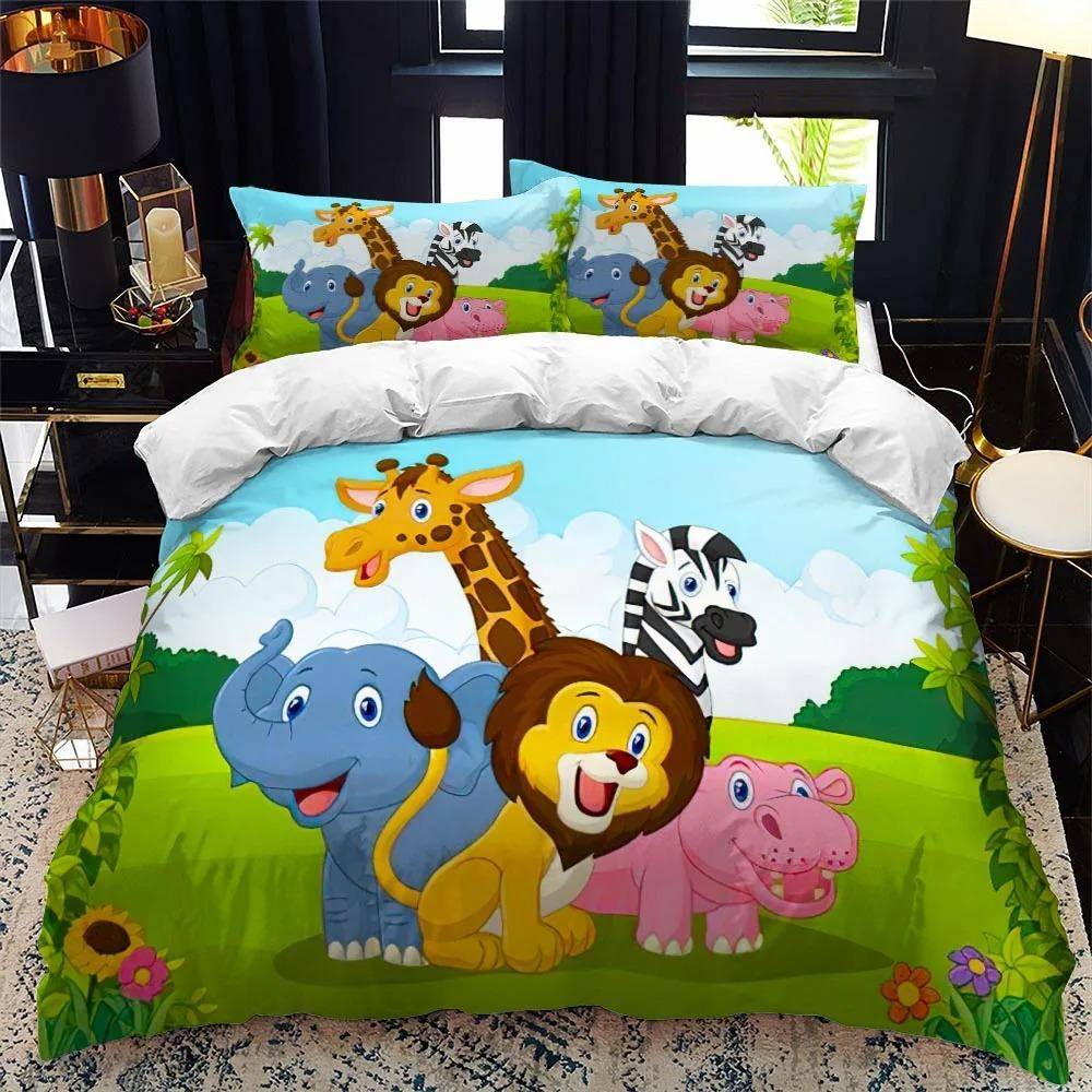 Tecknad Zoo Djur Sängklädesset Pojkar Flickor Enkel Queen Size Påslakan Örngott Säng Barn Vuxen Mode Hemtextil AU Double 180x210cm