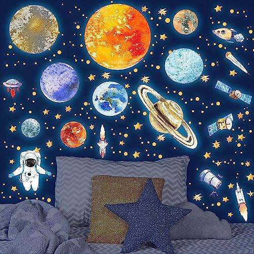Tarklanda Väggklistermärke, självlysande klistermärken, 9 planeter, stjärnor, astronaut, planet, väggtatuering, lysande stjärnor, solsystem, fluorescerande