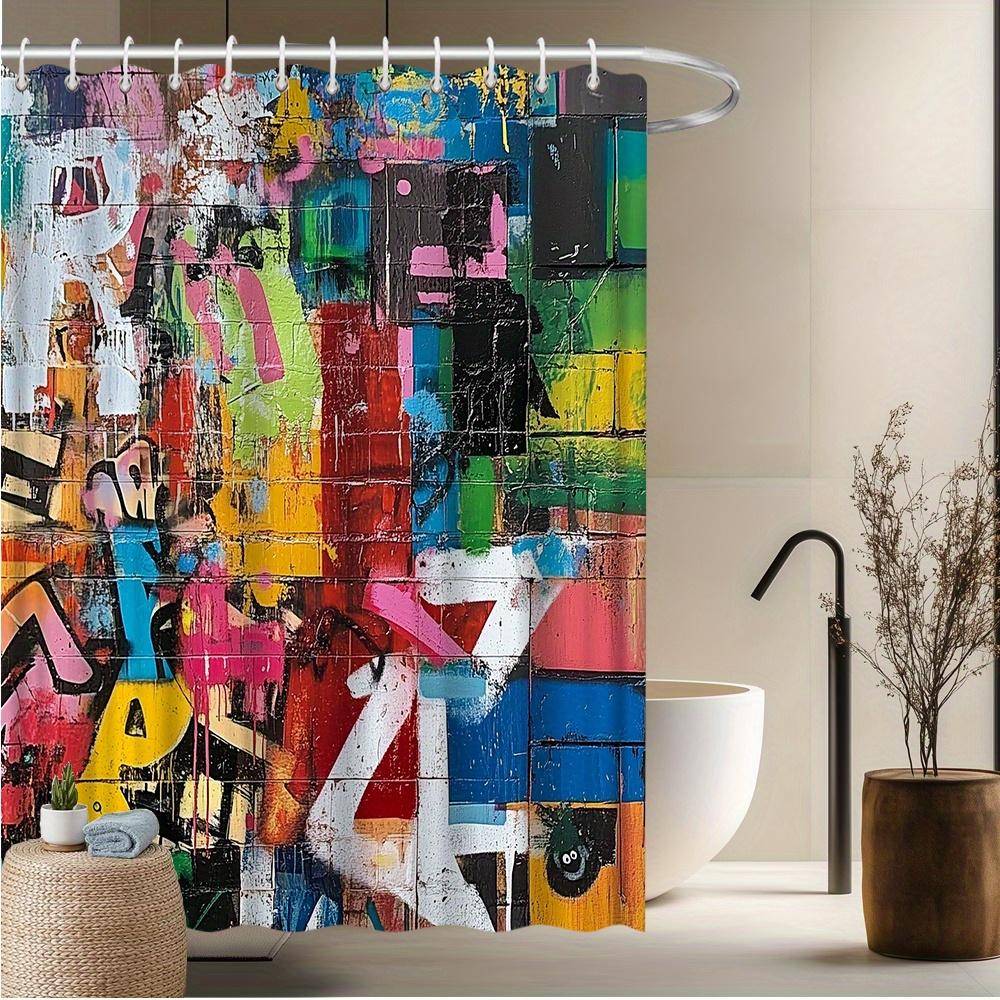 Abstrakt Graffiti Duschdraperi – Livfull Gatukonst, Färgstark Urban Design, 180x180cm, Polyester, Inkluderar Krokar
