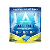 Astonish Allt i 1 kraftfulla rengöringstabletter i diskmaskin med salt och sköljmedel, mega-paket med 100 tabletter, citron färska