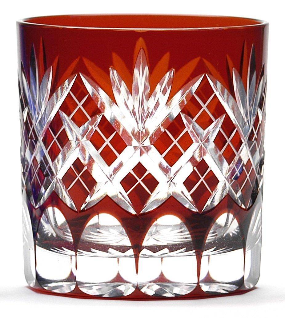 Glass Studio Saiho Edo Kiriko Shochu Glass/Rocks Glass, Old Red, with Sword and Arrow Pattern, Made in Japan, Wooden Box, Gift Wrapping Available