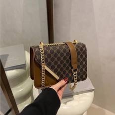 Mini Fashion Plaid Contrast Stitching Diagonal Backpack, Metal Chain Shoulder Strap Shoulder Bag Square Bag Suitable For Shopping. - Coffee